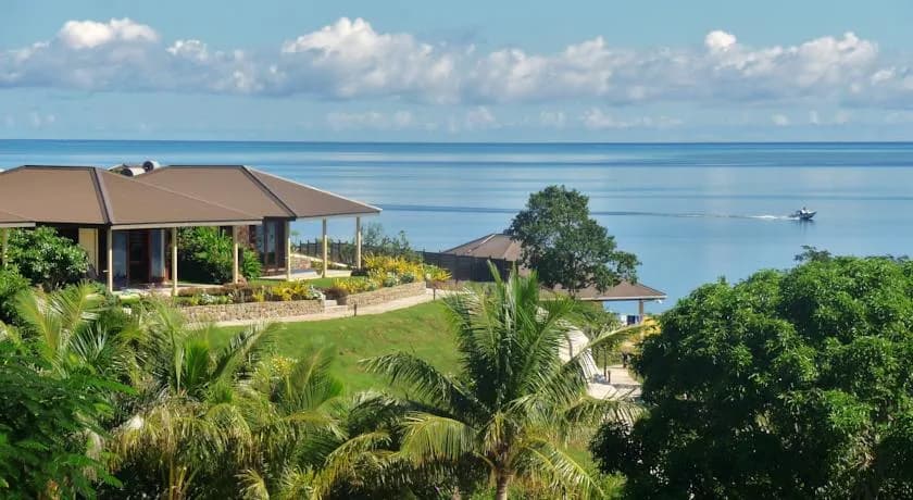 Volivoli Resort in Fiji sits on a hilltop looking over the sea.