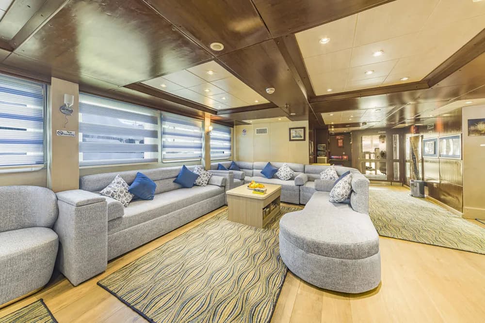 A lounge area on the Royal Evolution liveaboard in the Red Sea.