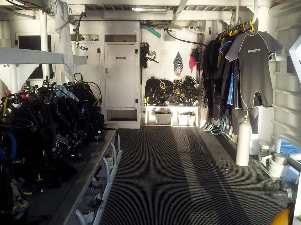 Scuba equipment on the dive deck of Aqua Cat Cruises