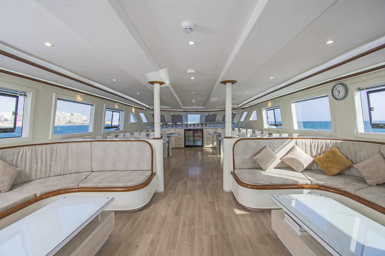 Indoor lounge area with long couches