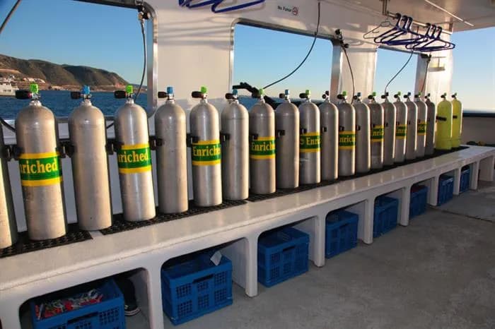 Nitrox and air tanks aboard the MV Valentina Liveaboard.