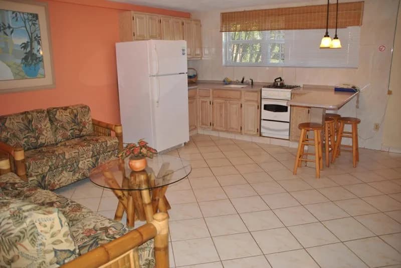 A cozy living room with a couch and a kitchen area.